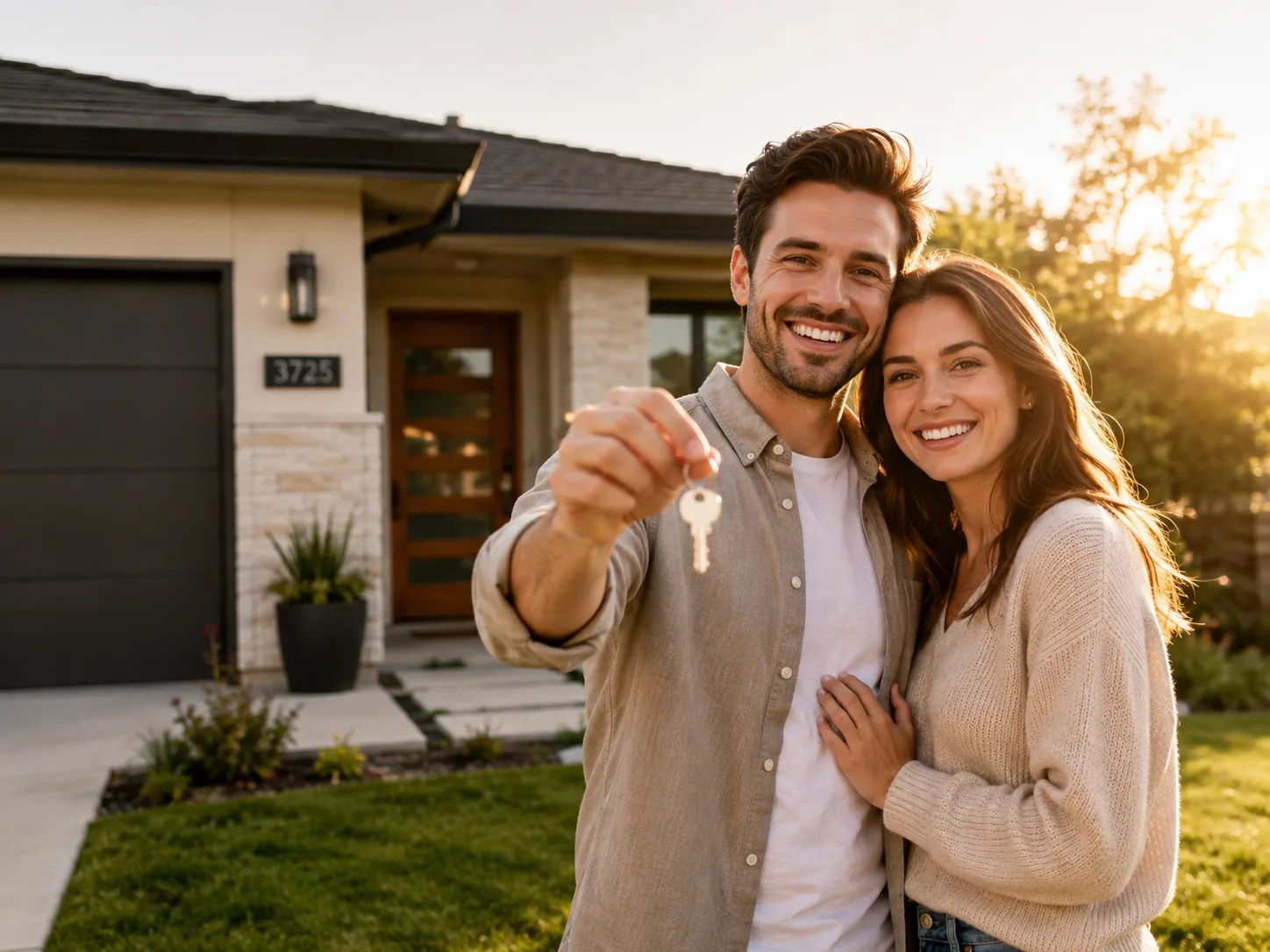Happy couple with keys to their new home